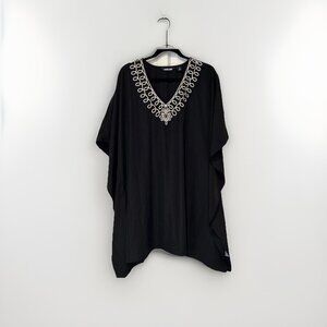 Lands End Womens Kaftan Swim Cover‎ Up Black L Embroidered Lightweight Beach